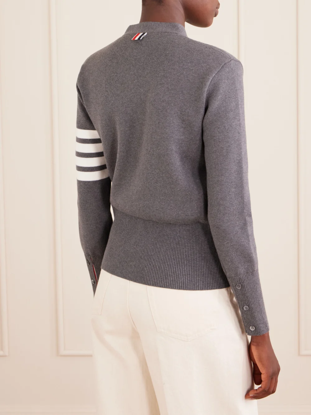 Back view of the Thom Browne Grosgrain-trimmed Striped Cotton Cardigan