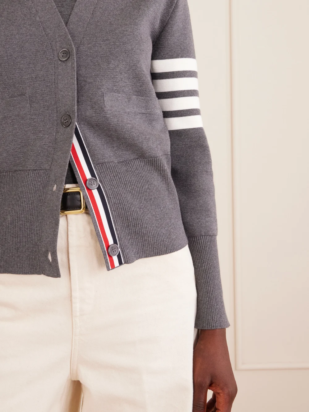 Close-up detail of the Thom Browne Grosgrain-trimmed Striped Cotton Cardigan