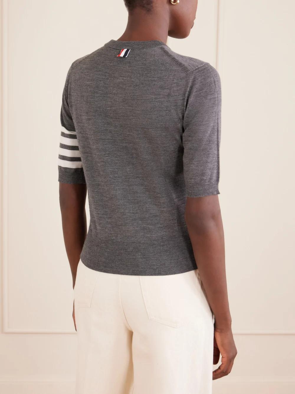 Back view of the Thom Browne Grosgrain-trimmed Striped Wool-blend Sweater
