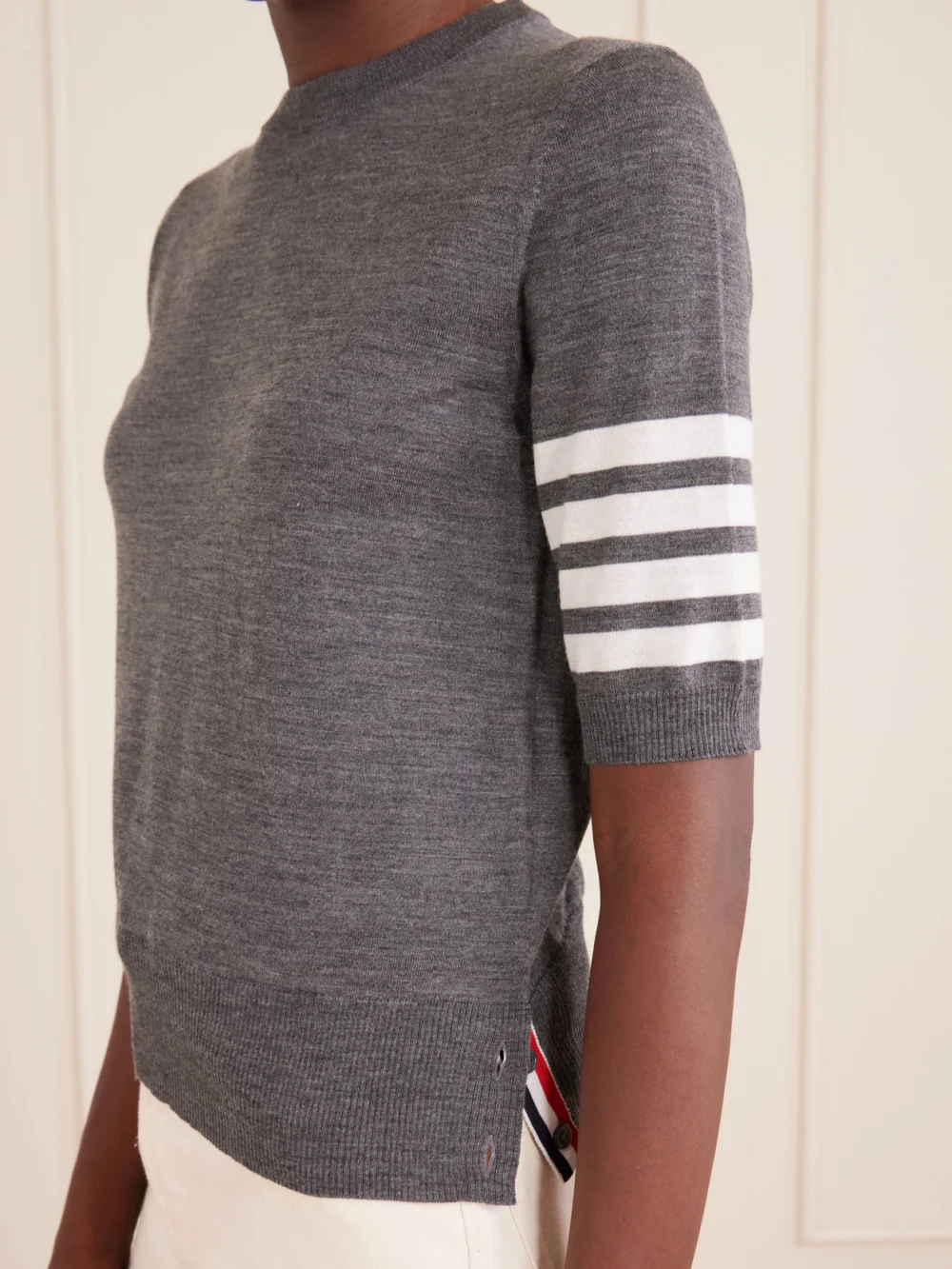 Close-up detail of the Thom Browne Grosgrain-trimmed Striped Wool-blend Sweater