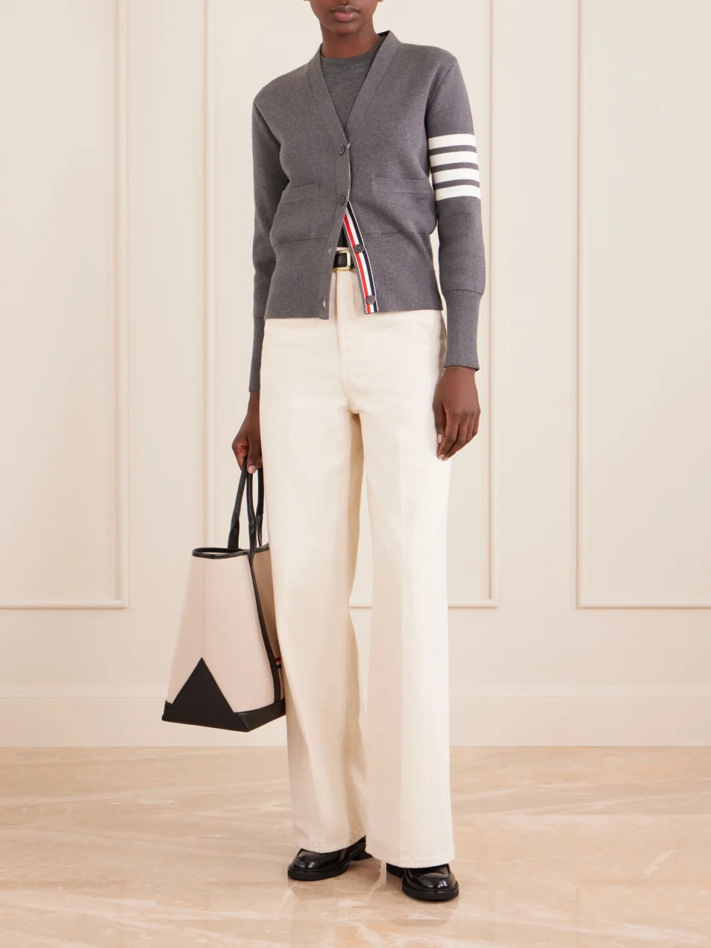 Thom Browne Grosgrain-trimmed Striped Wool-blend Sweater, worn by a model
