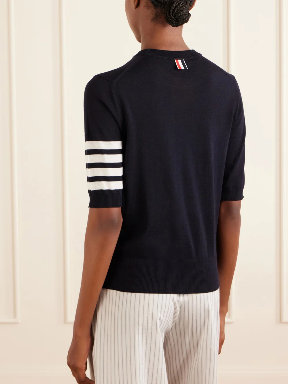 Back view of the Thom Browne Grosgrain-trimmed Striped Wool-blend Sweater