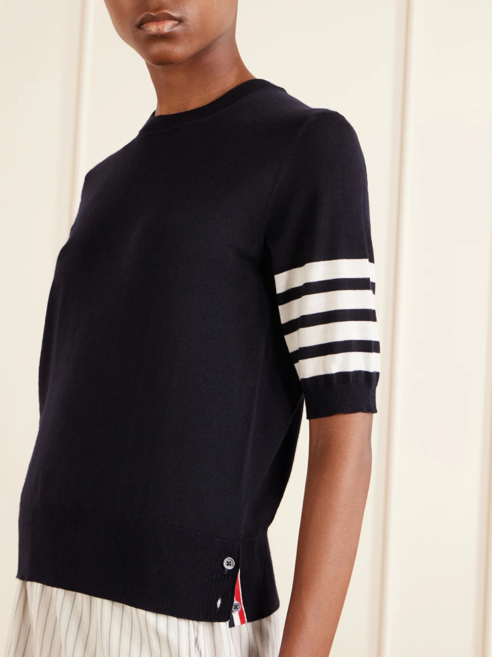 Close-up detail of the Thom Browne Grosgrain-trimmed Striped Wool-blend Sweater