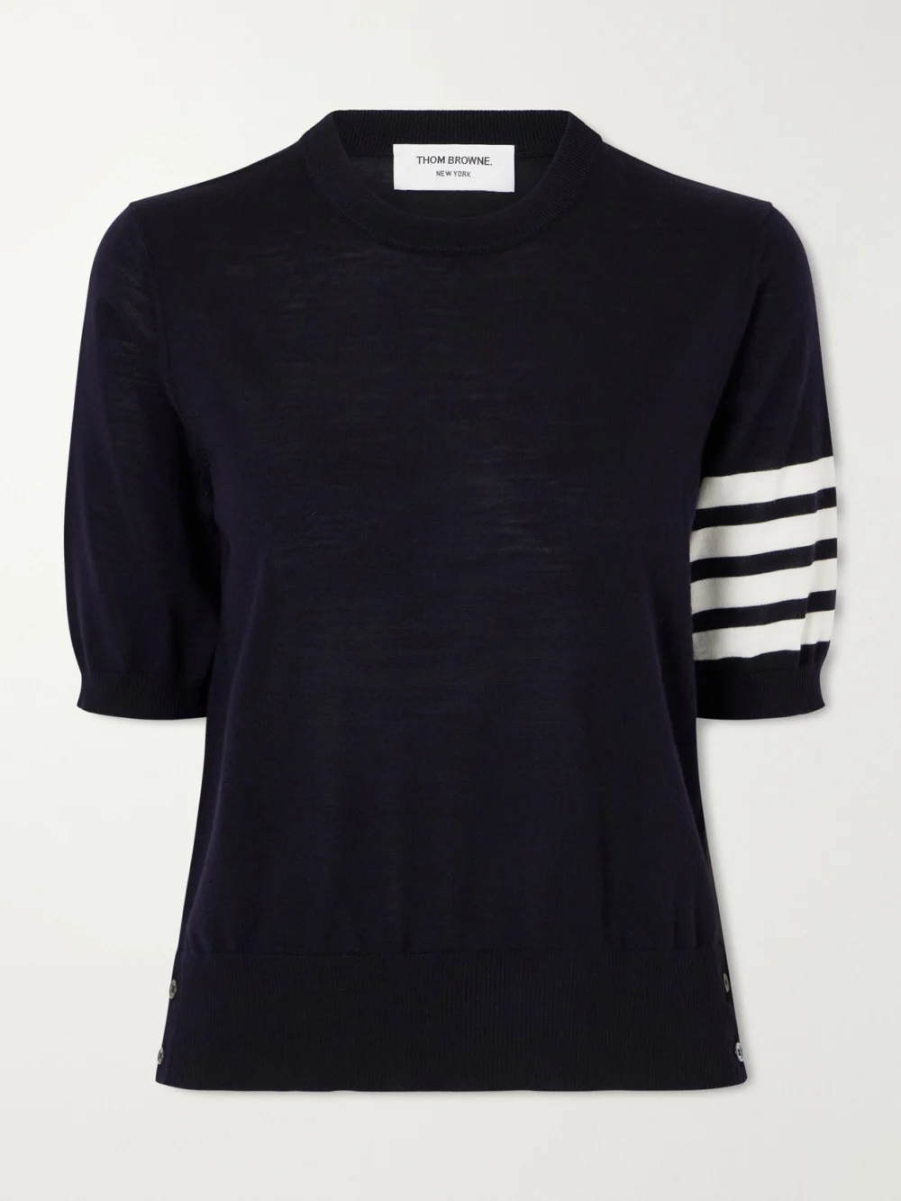 Thom Browne Grosgrain-trimmed Striped Wool-blend Sweater in navy
