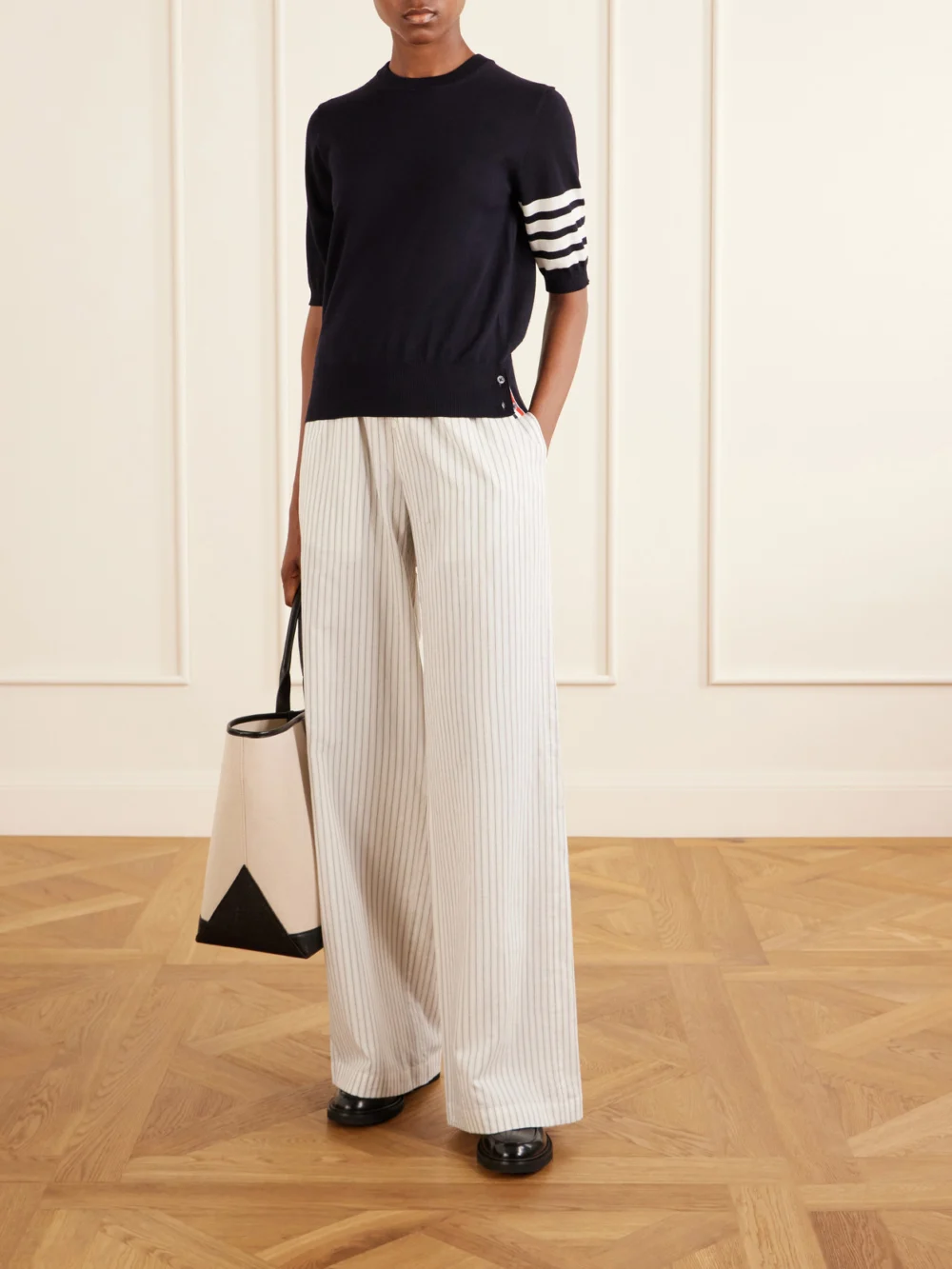Thom Browne Grosgrain-trimmed Striped Wool-blend Sweater, worn by a model