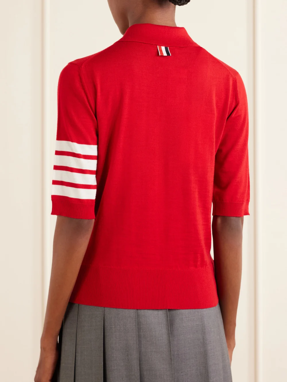 Back view of the Thom Browne Grosgrain-trimmed Striped Wool Polo Shirt