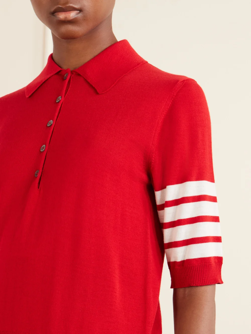Close-up detail of the Thom Browne Grosgrain-trimmed Striped Wool Polo Shirt