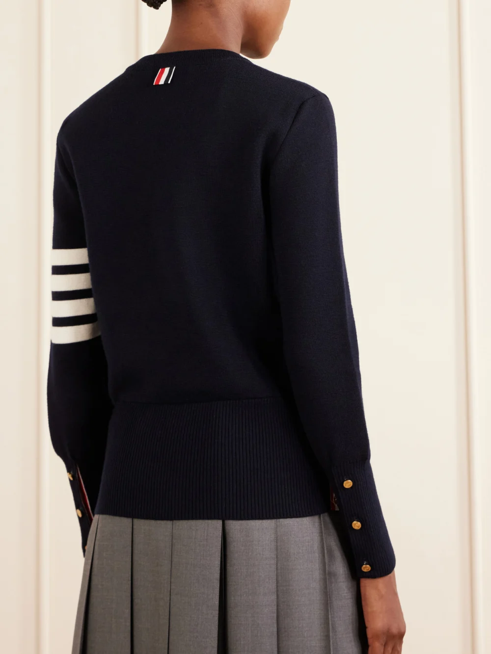 Back view of the Thom Browne Grosgrain-trimmed Striped Wool Sweater