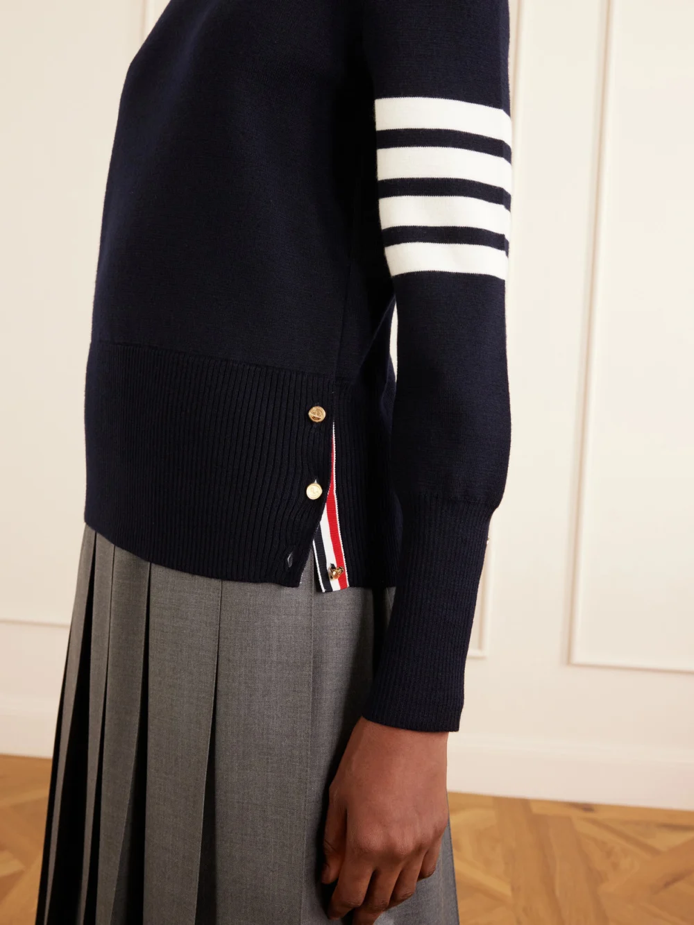 Close-up detail of the Thom Browne Grosgrain-trimmed Striped Wool Sweater