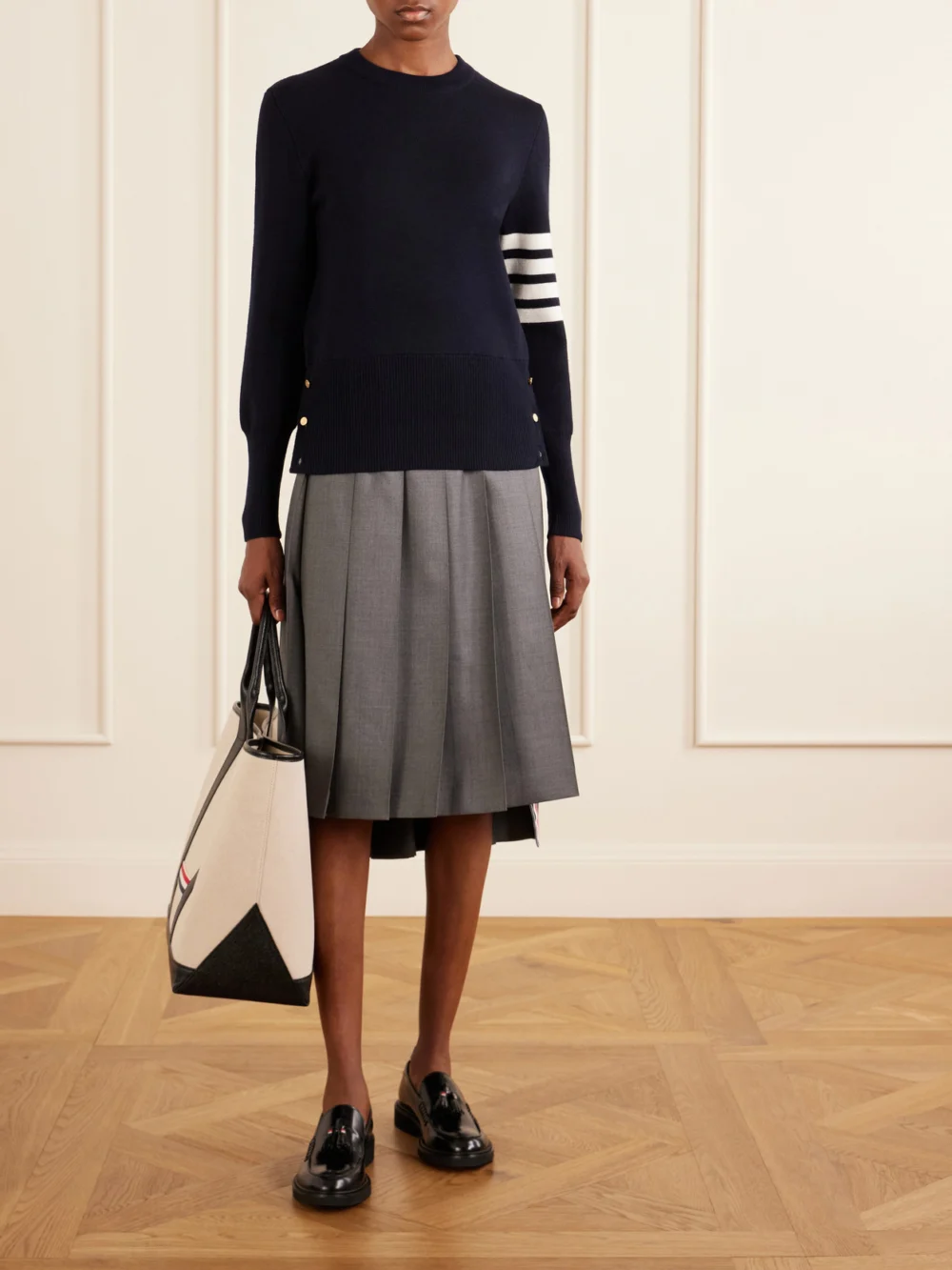Thom Browne Grosgrain-trimmed Striped Wool Sweater, worn by a model