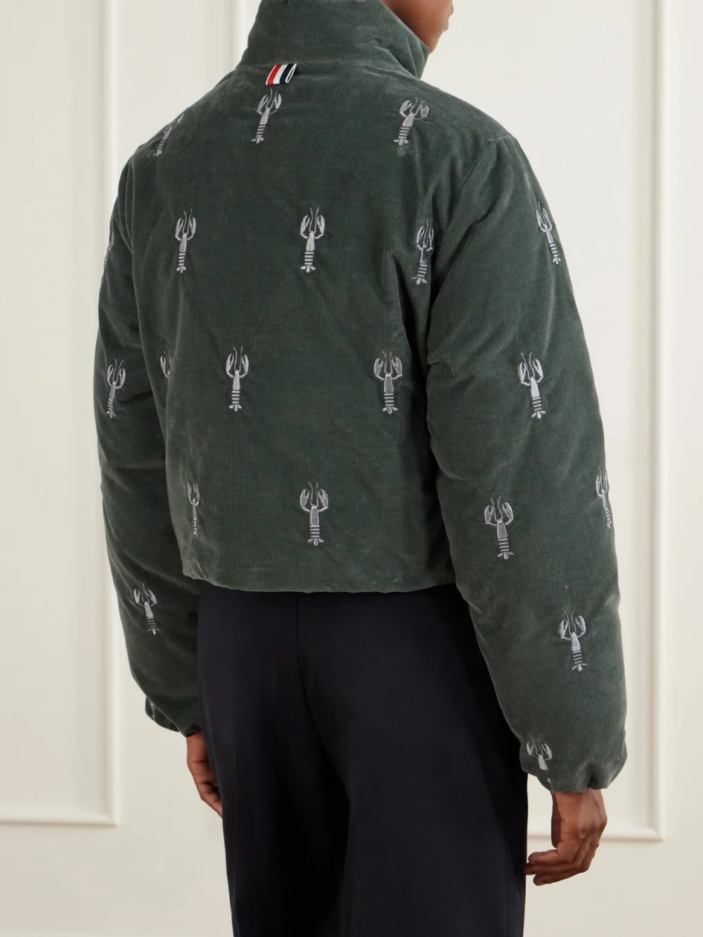 Back view of the Thom Browne Reversible Embroidered Cotton-velvet Coat