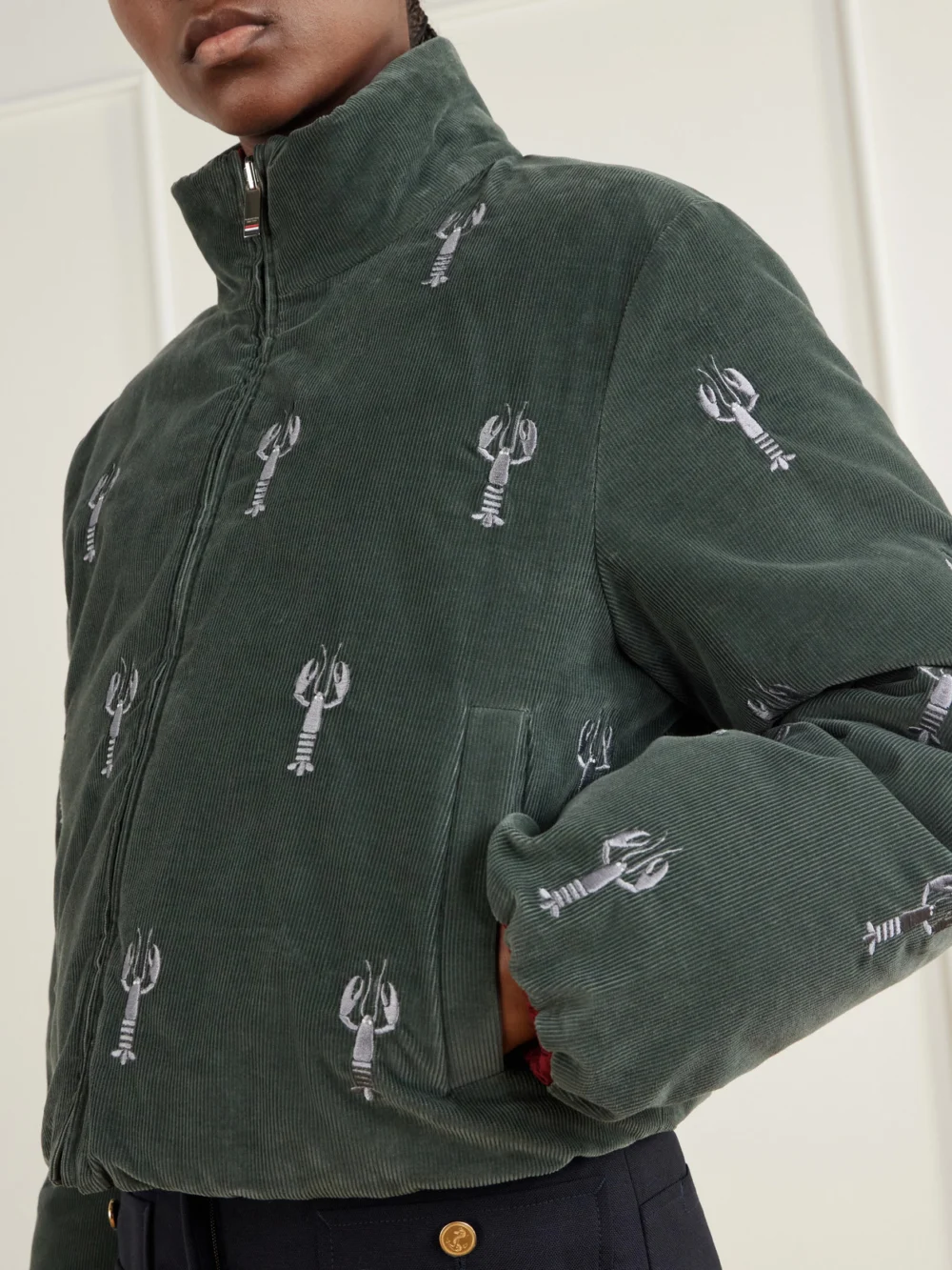 Close-up detail of the Thom Browne Reversible Embroidered Cotton-velvet Coat