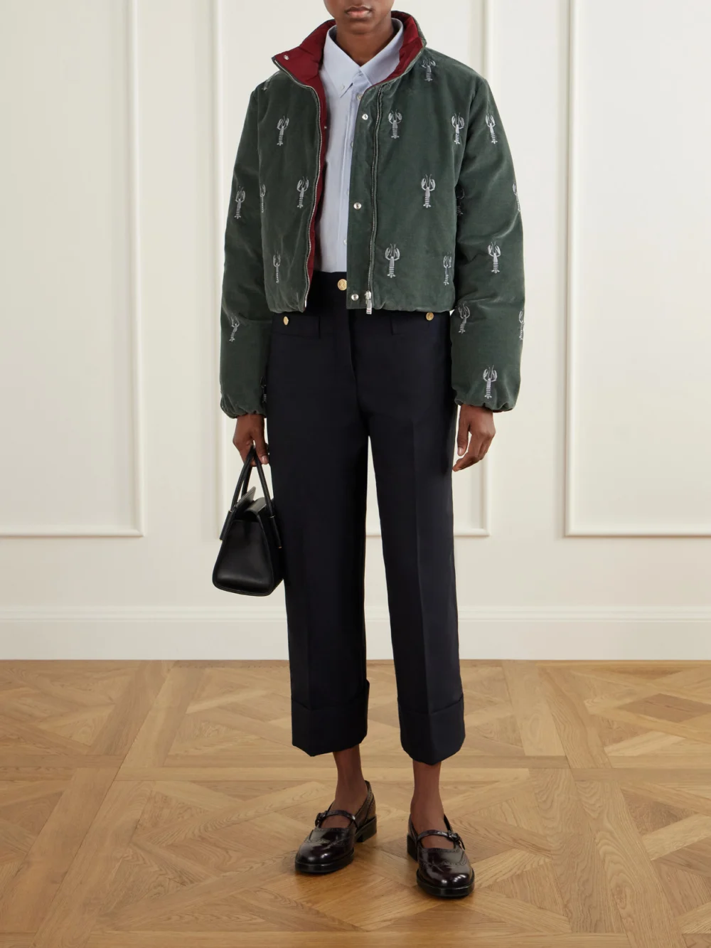 Thom Browne Reversible Embroidered Cotton-velvet Coat, worn by a model