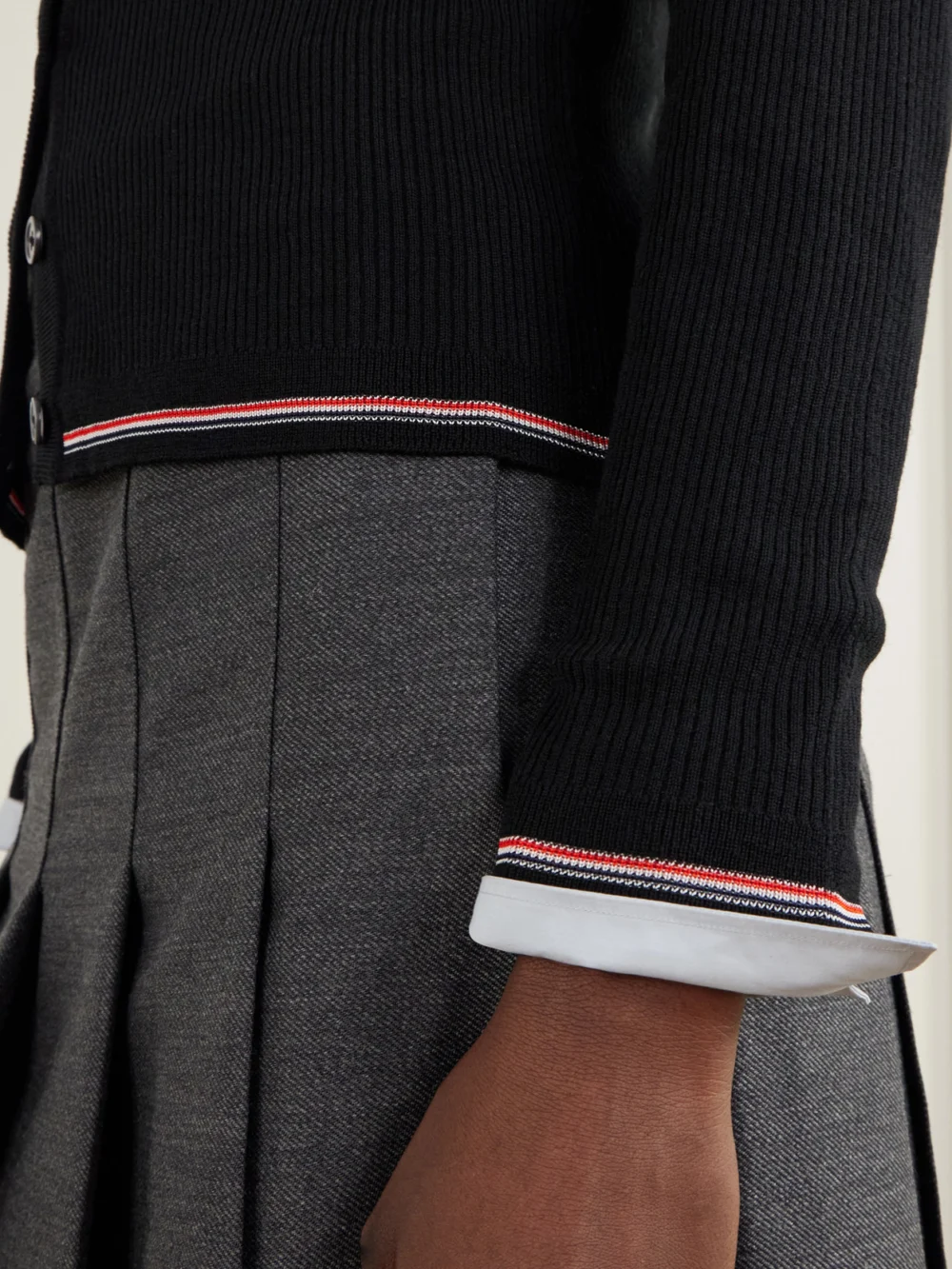 Close-up detail of the Thom Browne Ribbed Merino Wool Cardigan