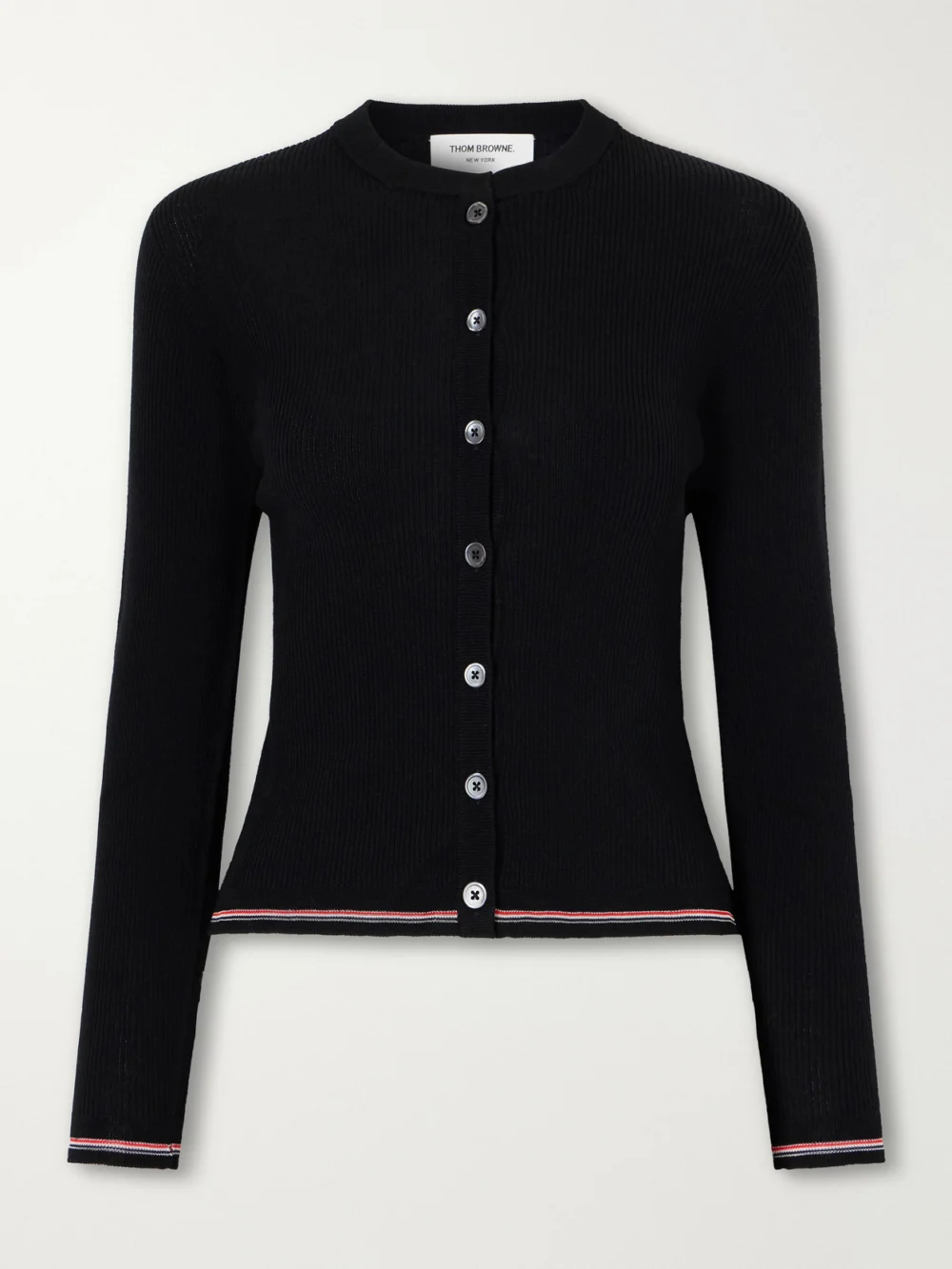 Thom Browne Ribbed Merino Wool Cardigan in black