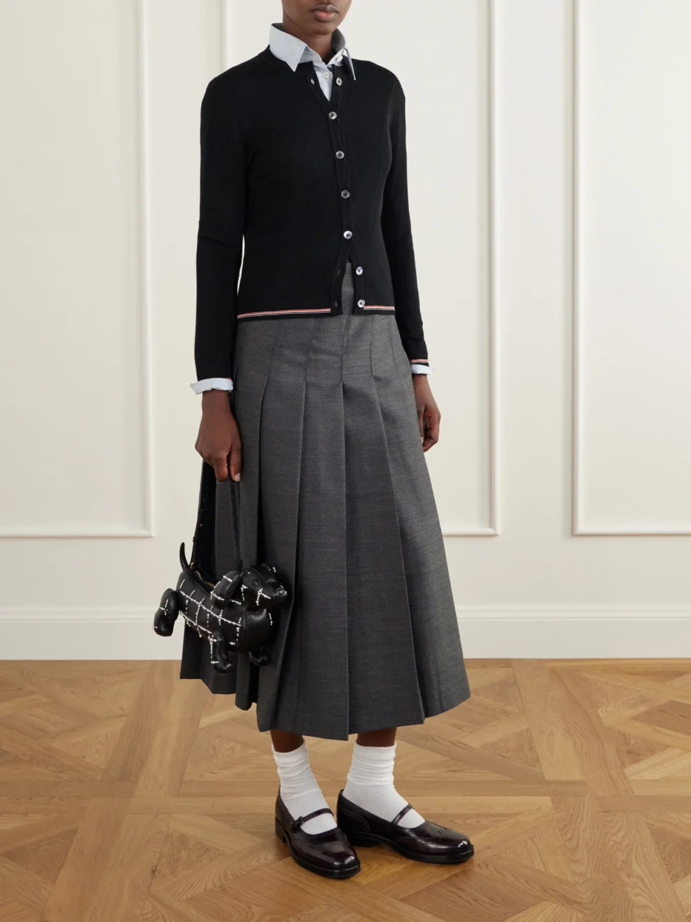 Thom Browne Ribbed Merino Wool Cardigan, worn by a model