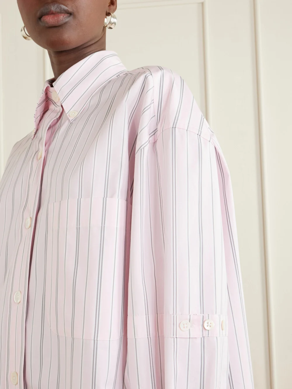 Close-up detail of the Thom Browne Striped Cotton-poplin Shirt