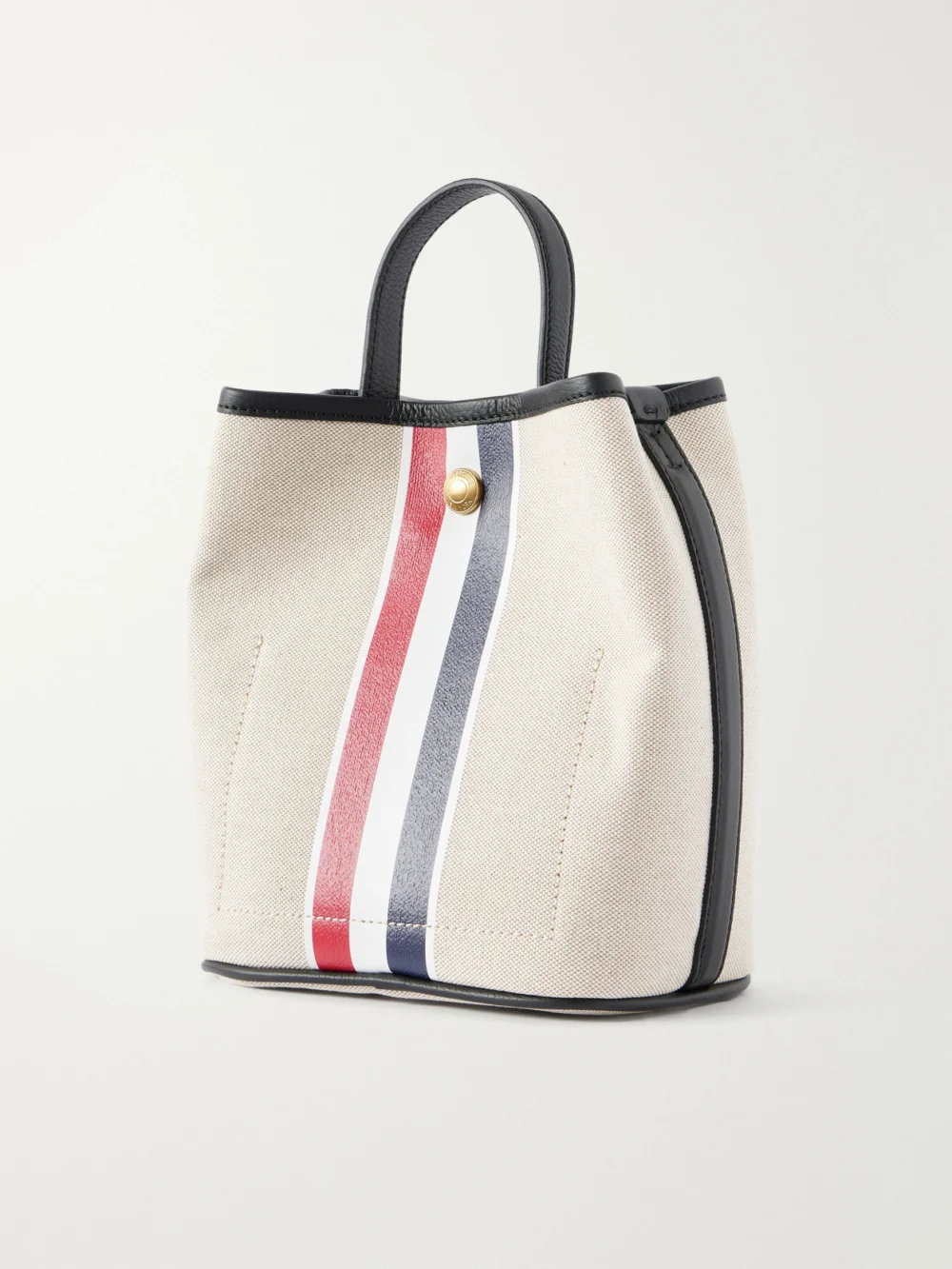Back view of the Thom Browne Striped Leather-trimmed Canvas Bucket Bag