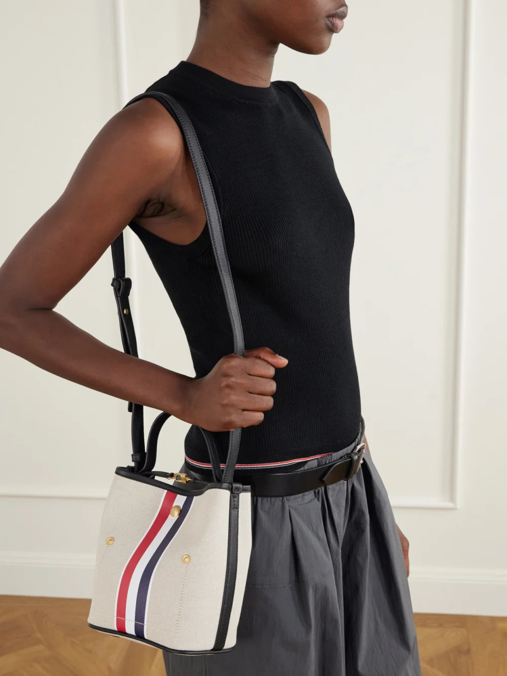 Thom Browne Striped Leather-trimmed Canvas Bucket Bag, styled view