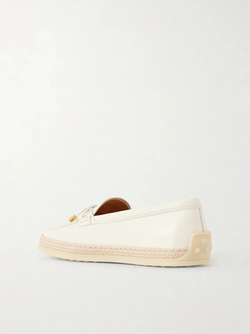 Back view of the Tod's Gomma Raffia-trimmed Bow-detailed Suede Loafers