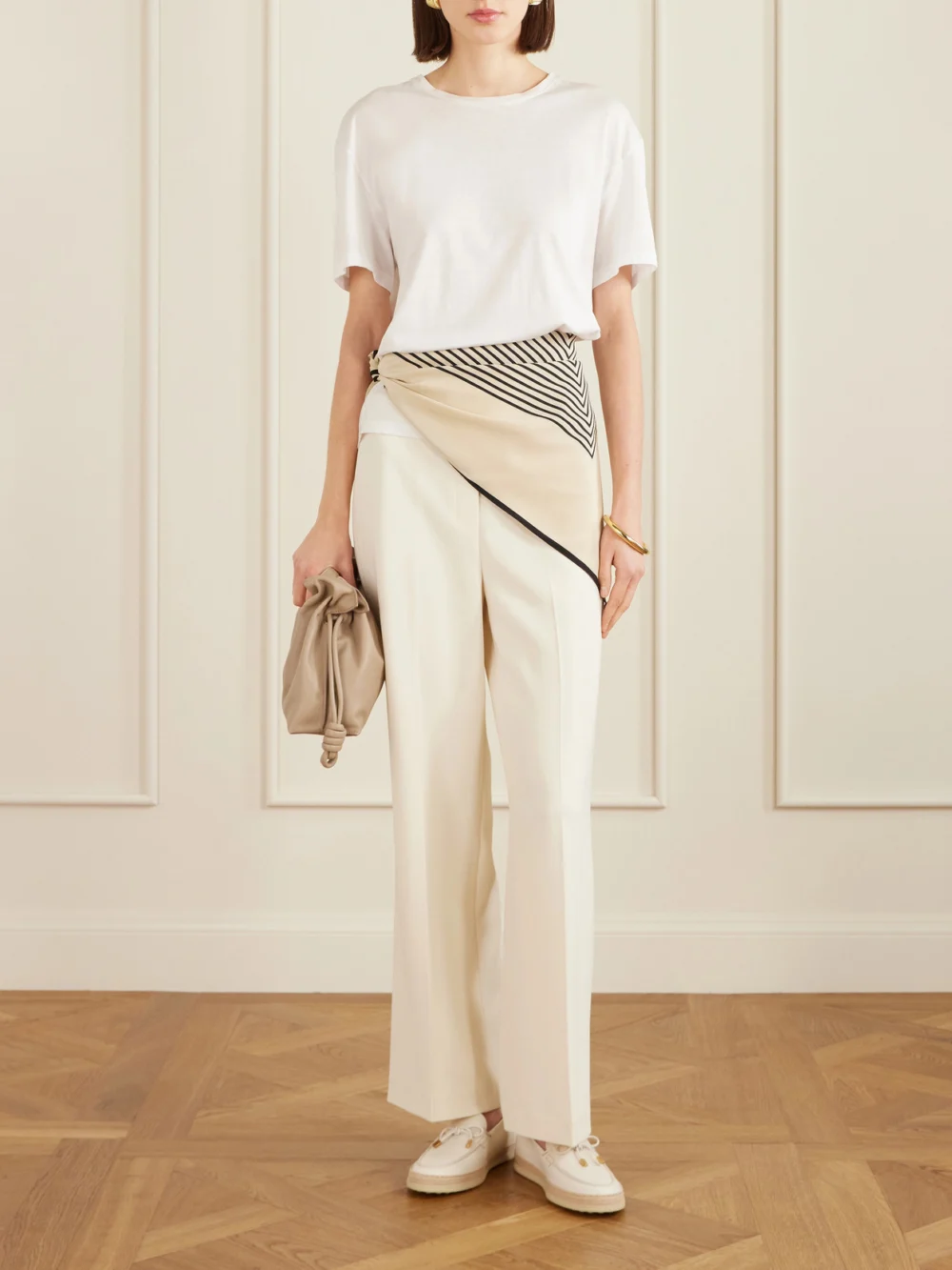 Tod's Gomma Raffia-trimmed Bow-detailed Suede Loafers, styled view