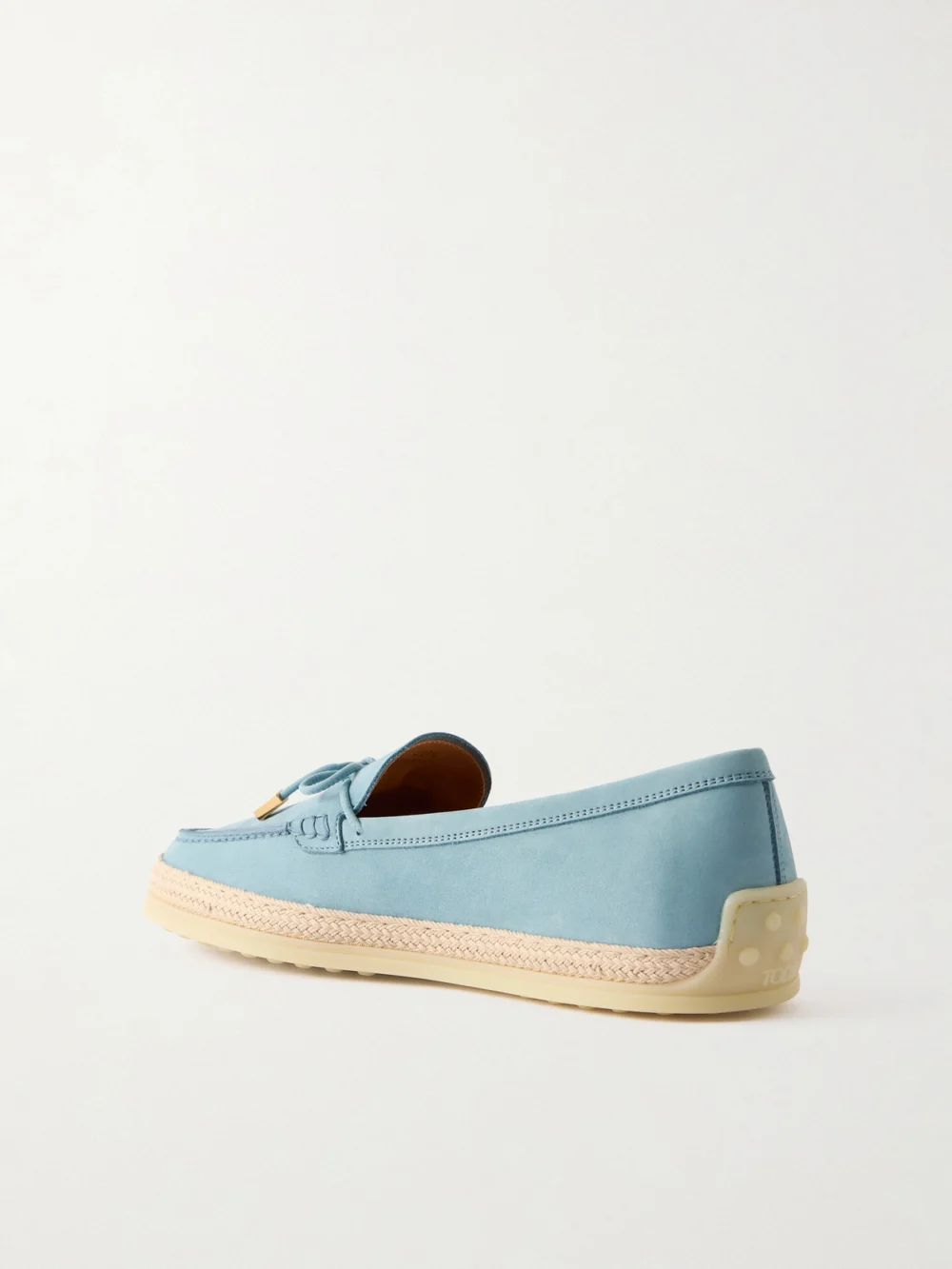 Back view of the Tod's Gomma Raffia-trimmed Bow-detailed Suede Loafers