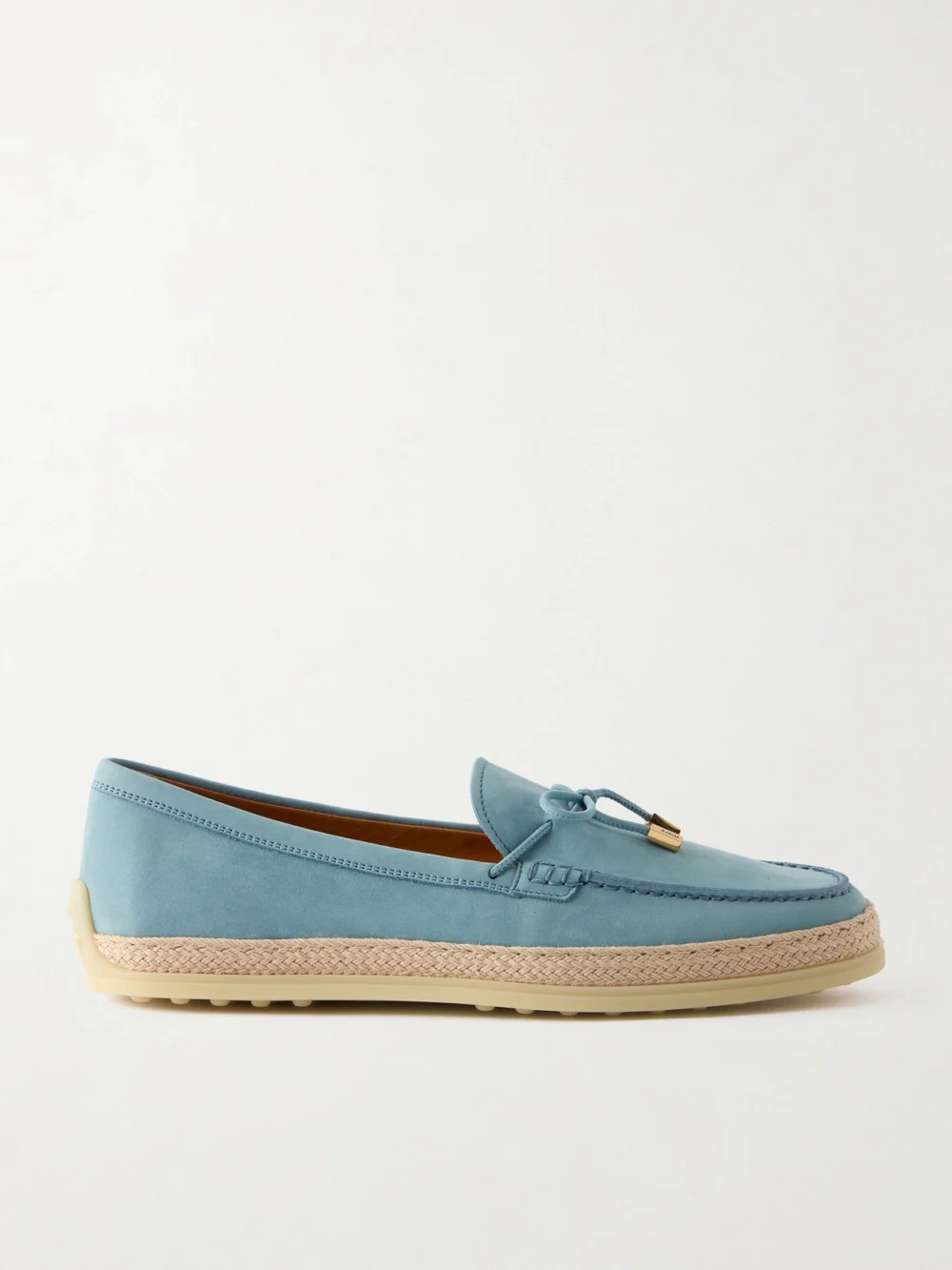 Tod's Gomma Raffia-trimmed Bow-detailed Suede Loafers in sky blue