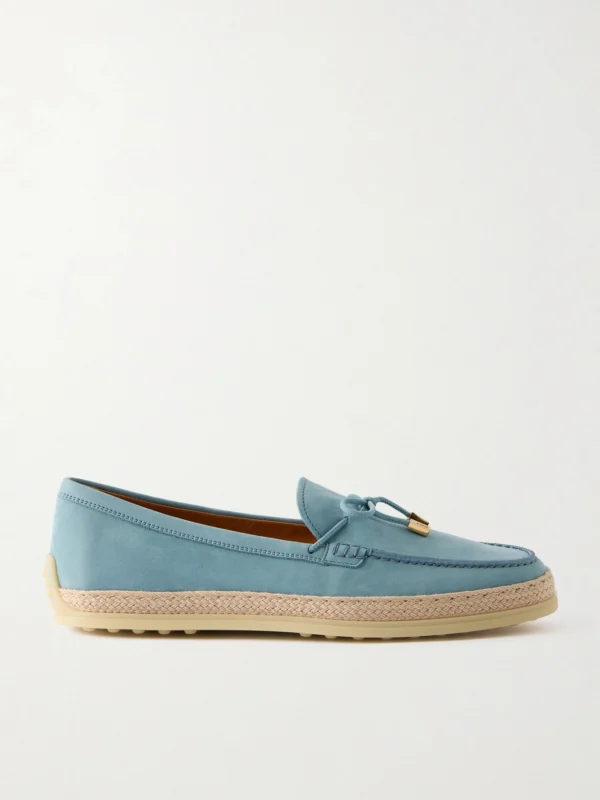 Tod's Gomma Raffia-trimmed Bow-detailed Suede Loafers