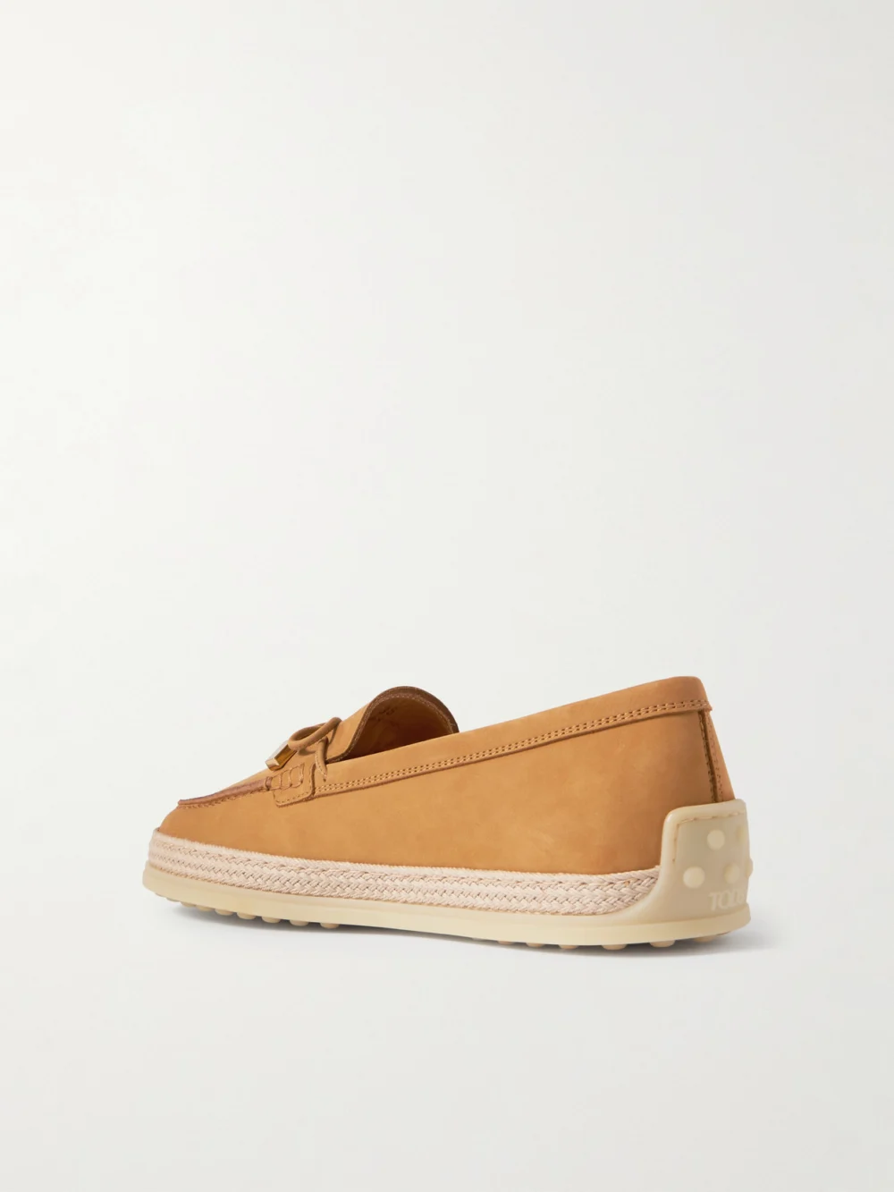 Back view of the Tod's Gomma Raffia-trimmed Bow-detailed Suede Loafers
