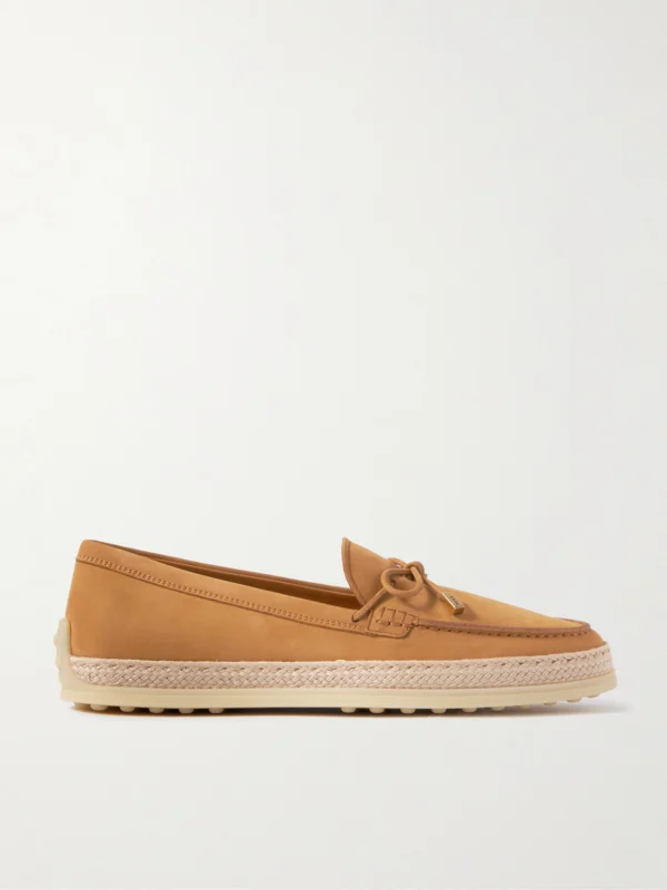 Tod's Gomma Raffia-trimmed Bow-detailed Suede Loafers