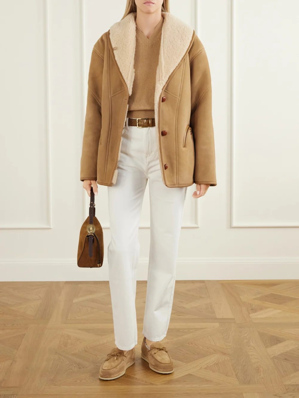 Tod's Gommino Shearling Suede Loafers, styled view