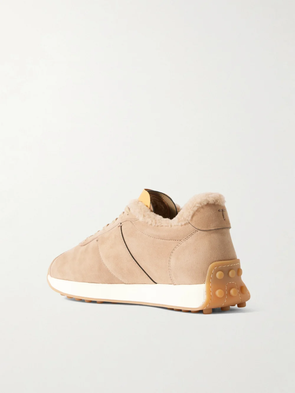 Back view of the Tod's Sportivo Active Embroidered Shearling-trimmed Suede Sneakers
