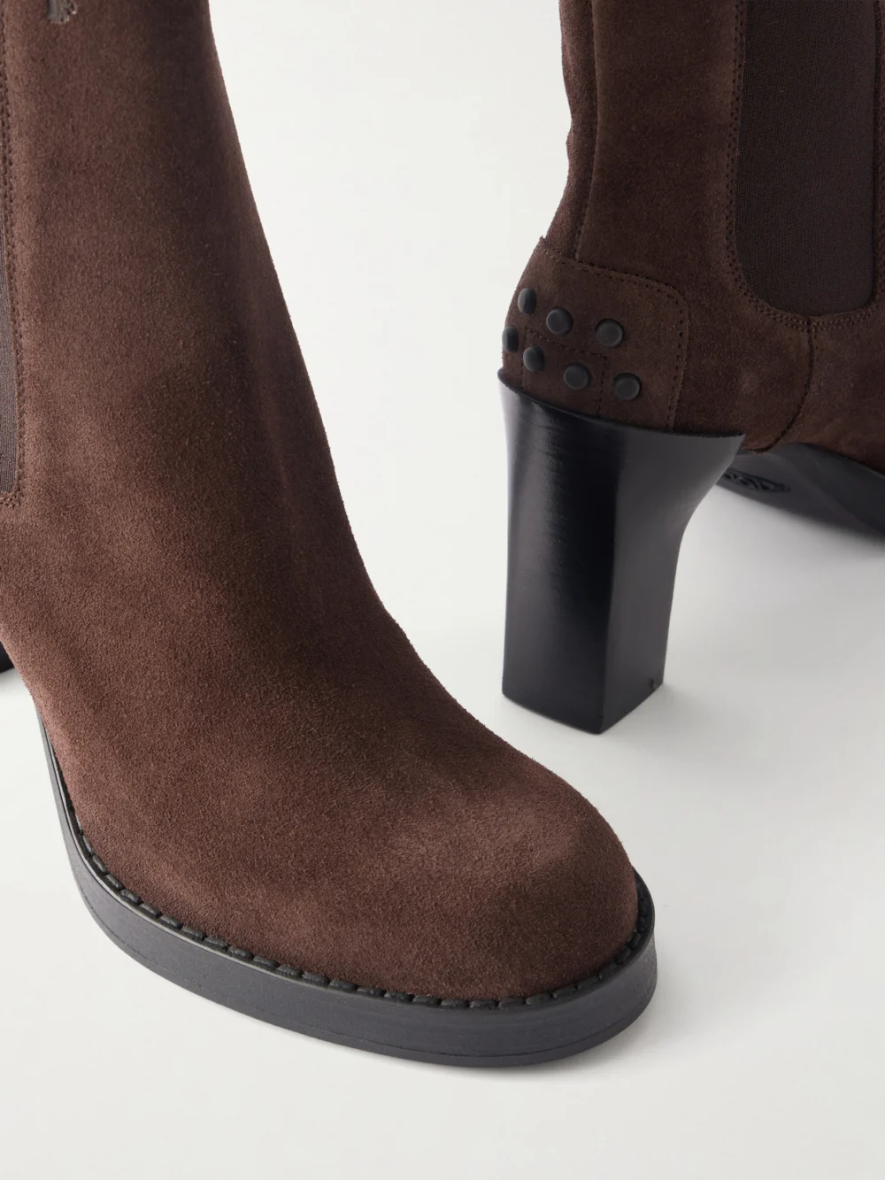 Close-up detail of the Tod's Tronchetto Elastico 80 Suede Ankle Boots
