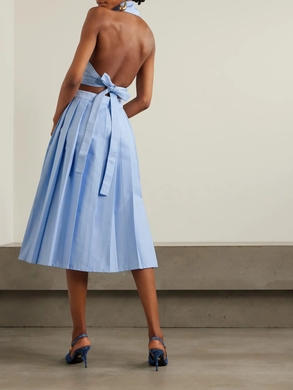 Back view of the Tolu Coker Backless Pleated Gabardine Midi Shirt Dress