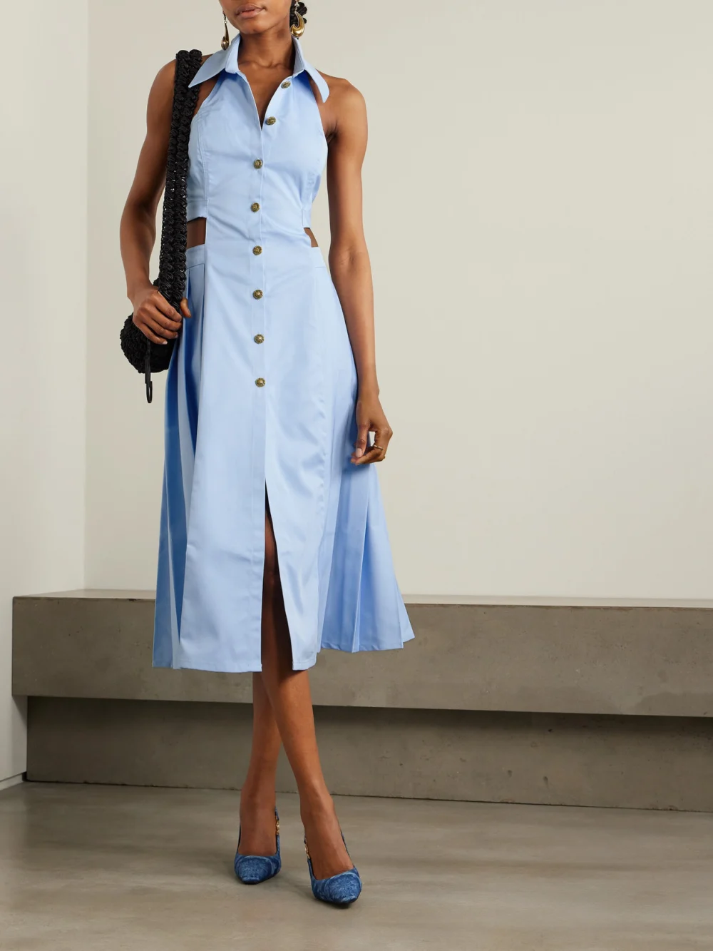Tolu Coker Backless Pleated Gabardine Midi Shirt Dress, worn by a model