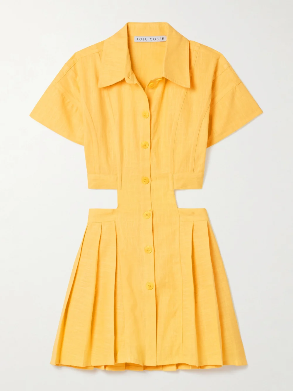 Tolu Coker Cutout Pleated Ramie Mini Shirt Dress in yellow