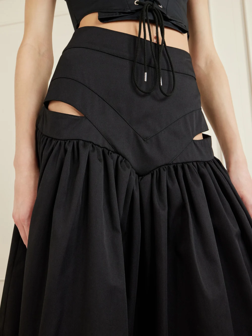 Close-up detail of the Tolu Coker Iyawo Cutout Twill Maxi Skirt