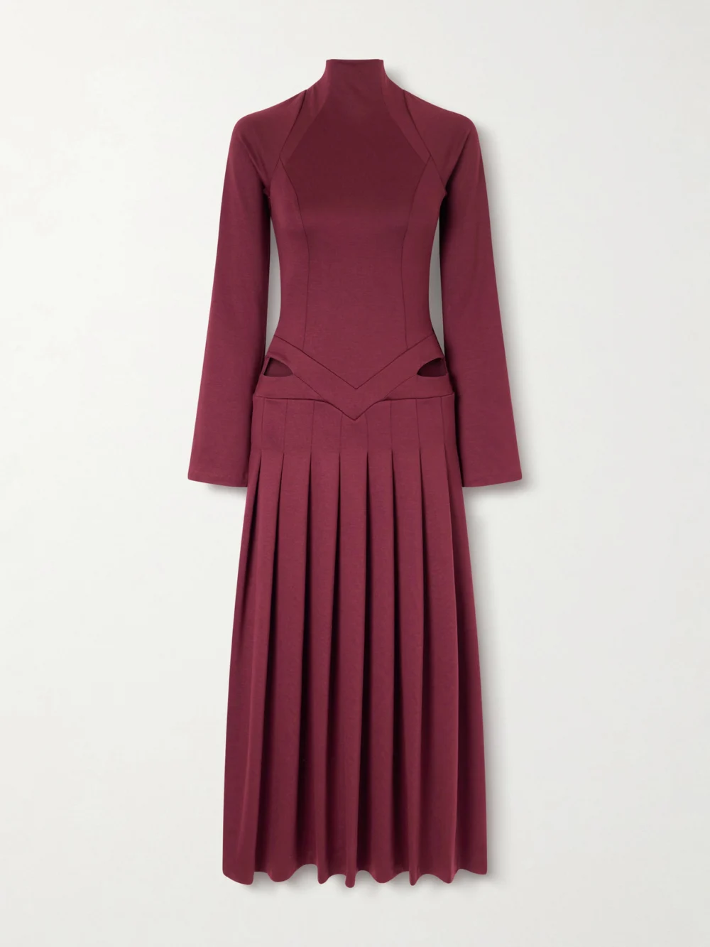 Tolu Coker Open-back Cutout Pleated Jersey Turtleneck Midi Dress in burgundy