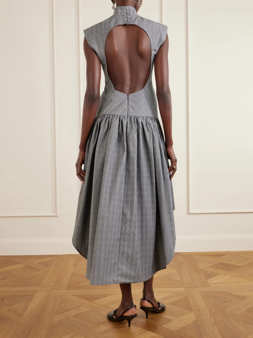 Back view of the Tolu Coker Open-back Gahered Cutout Checked Organic Cotton Maxi Dress