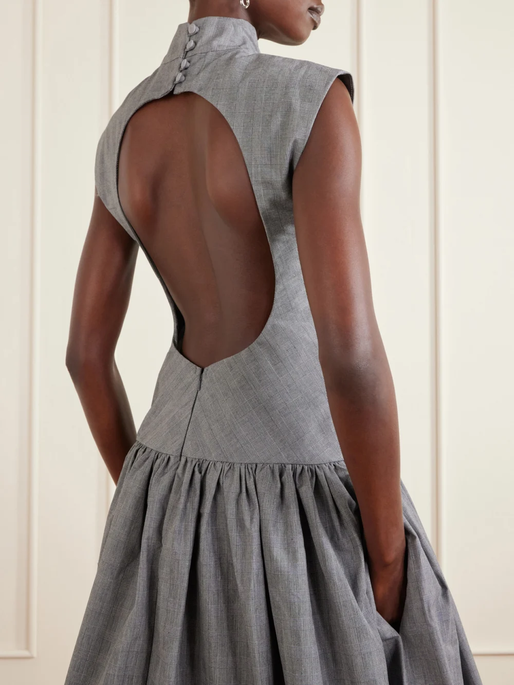 Close-up detail of the Tolu Coker Open-back Gahered Cutout Checked Organic Cotton Maxi Dress