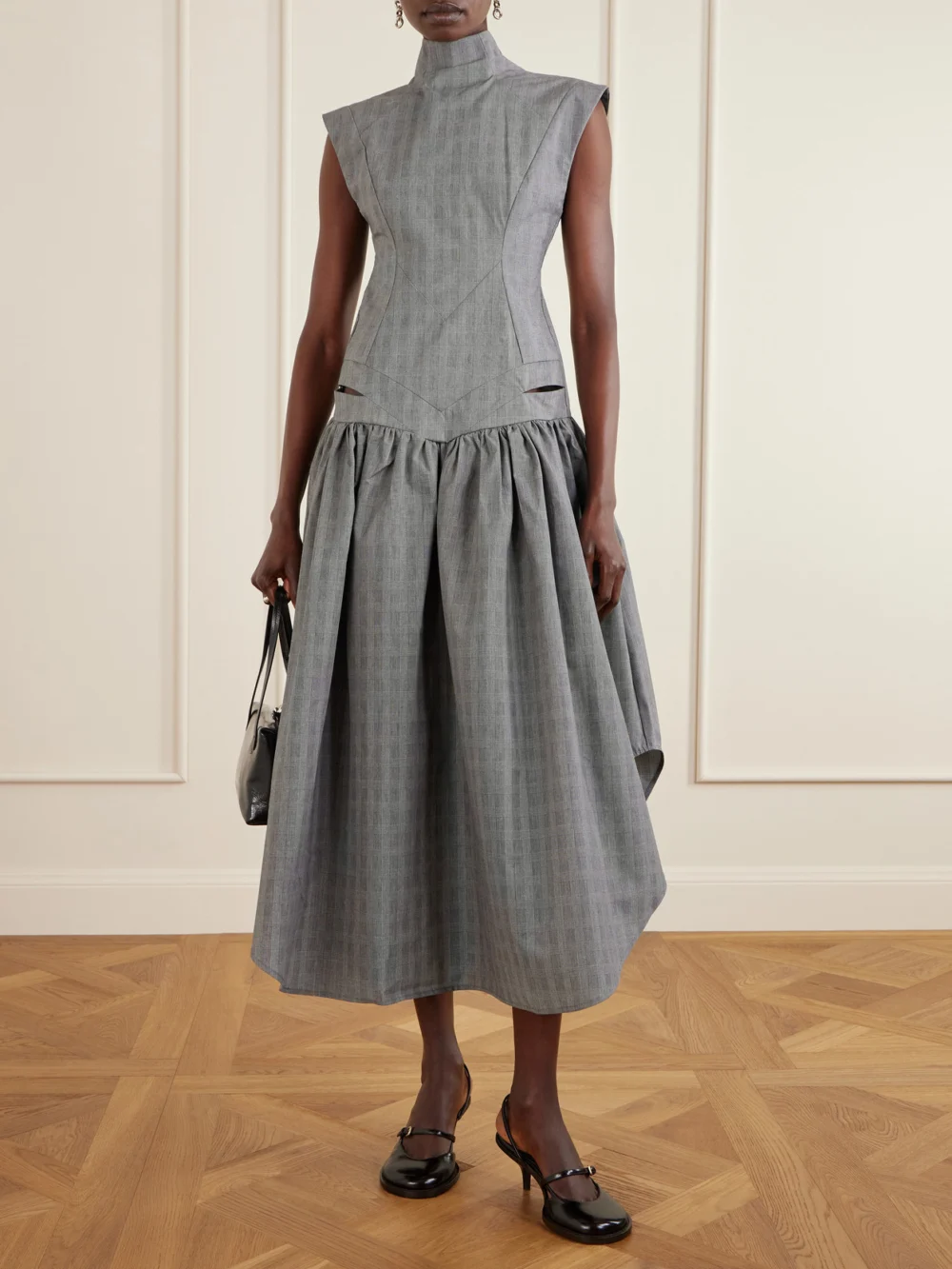 Tolu Coker Open-back Gahered Cutout Checked Organic Cotton Maxi Dress, worn by a model