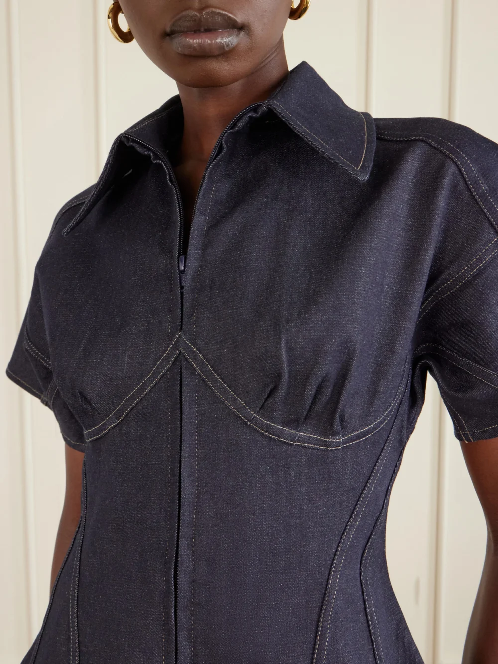 Close-up detail of the Tolu Coker Paneled Denim Blouse