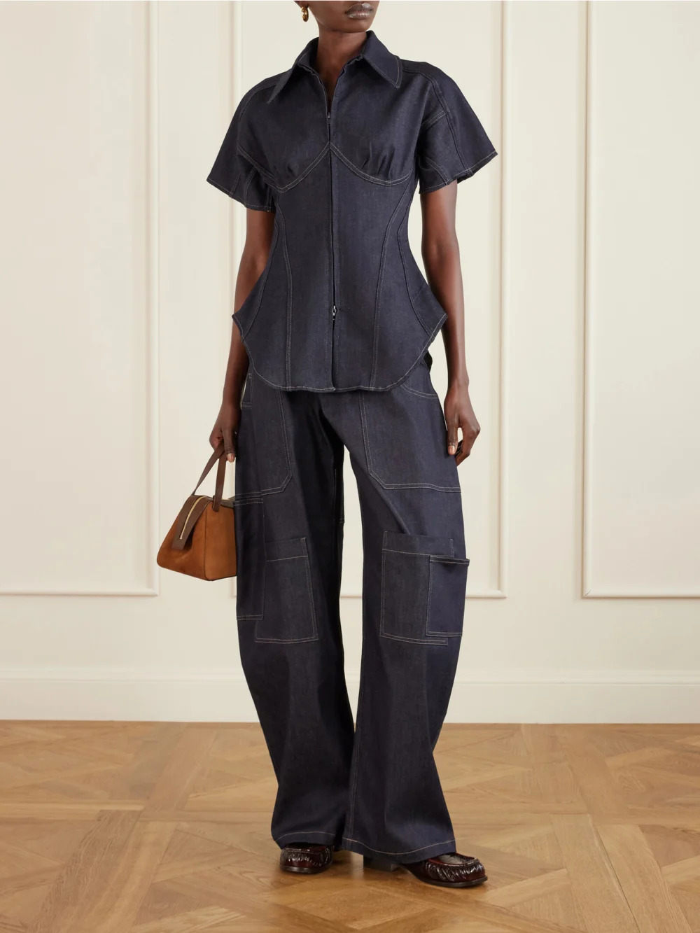 Tolu Coker Paneled Denim Blouse, worn by a model