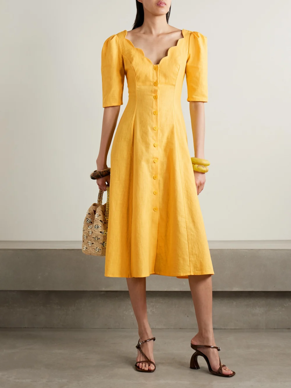 Tolu Coker Scalloped Ramie Midi Dress, worn by a model