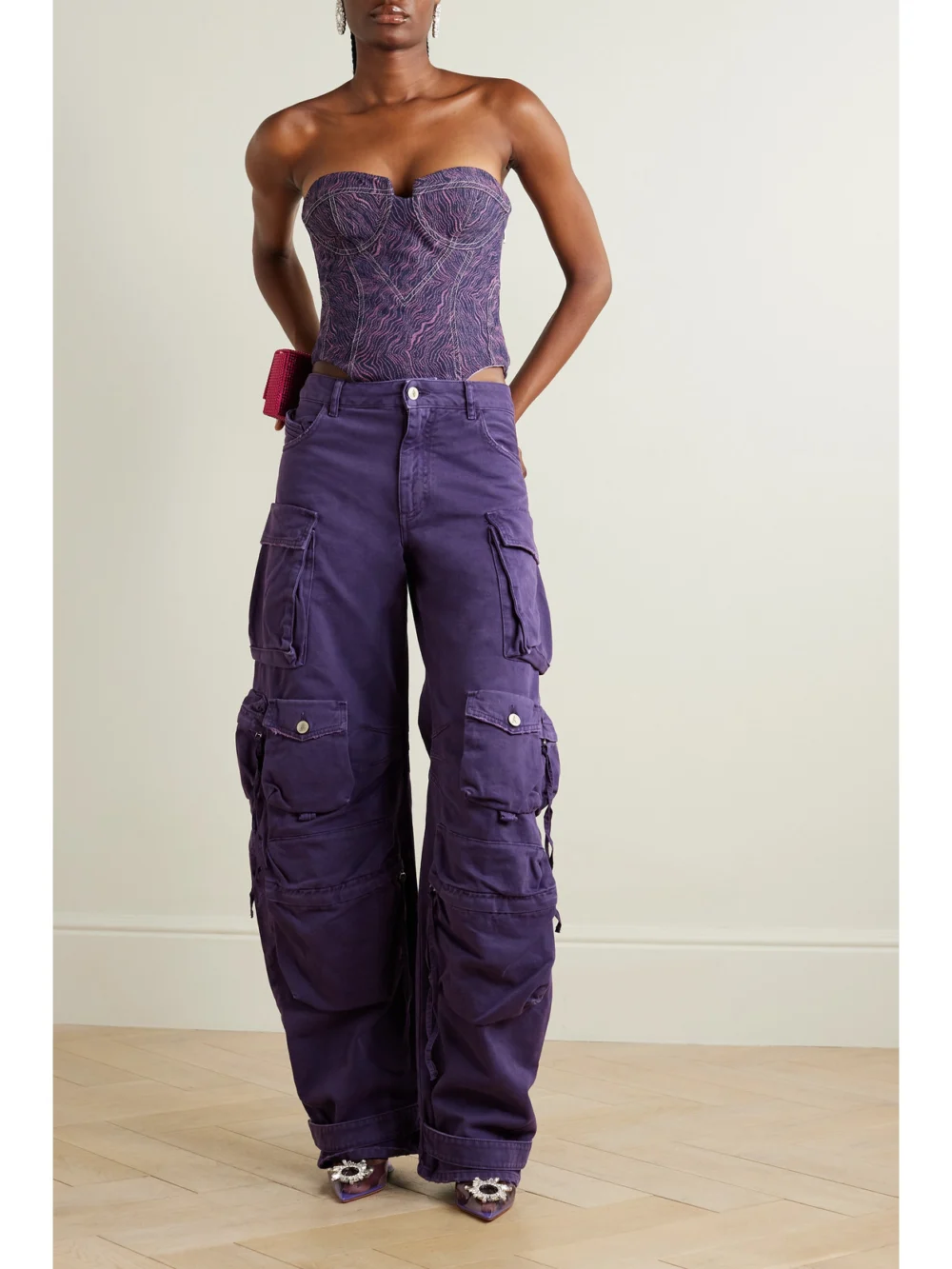Tolu Coker + the Vanguard Strapless Denim-jacquard Bodysuit, worn by a model