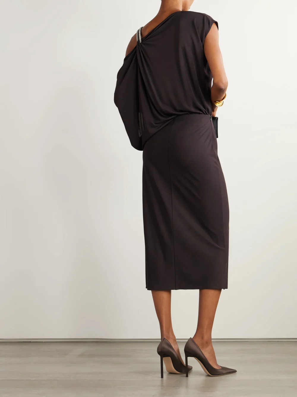 Back view of the Tom Ford Asymmetric Draped Embellished Jersey Midi Dress