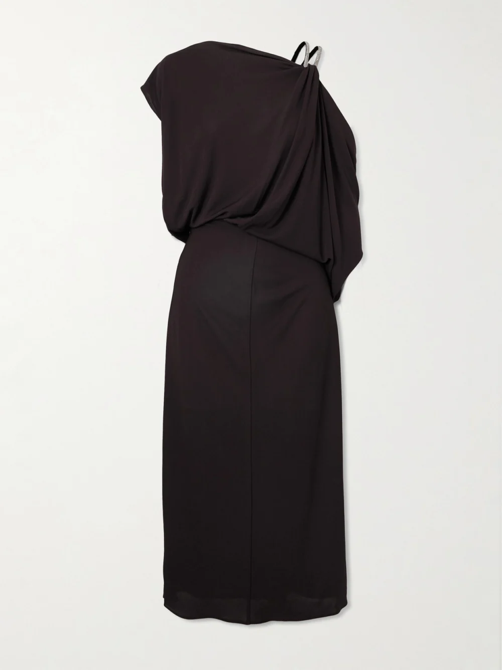 Tom Ford Asymmetric Draped Embellished Jersey Midi Dress in dark brown