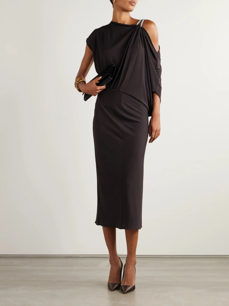 Tom Ford Asymmetric Draped Embellished Jersey Midi Dress