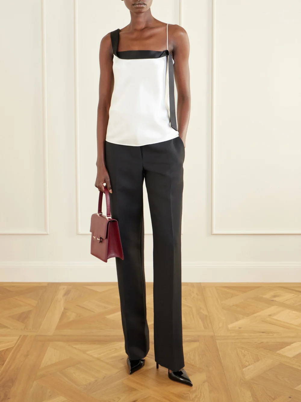 Tom Ford Asymmetric Draped Two-tone Silk-satin Camisole, worn by a model