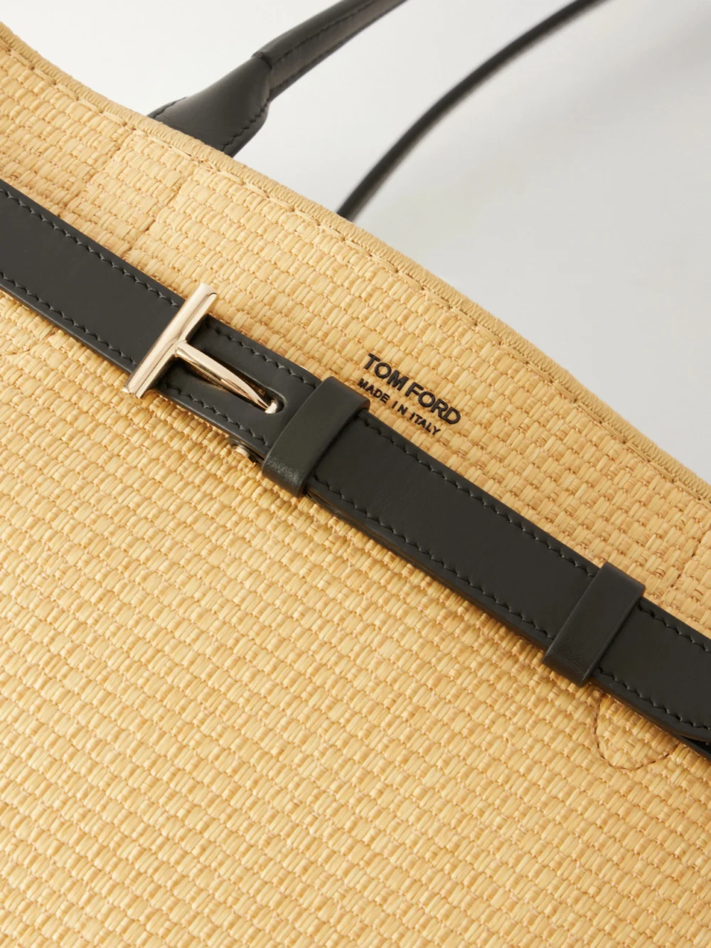 Close-up detail of the Tom Ford Audrey Logo-print Leather-trimmed Raffia Tote